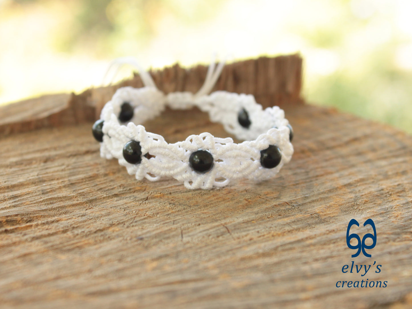 White Handmade Macrame Bracelet, Black Onyx Gemstone Beaded Cuff, Unique Birthday Gift for Women or Men
