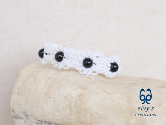 White Macrame Bracelet with Onyx Gemstones