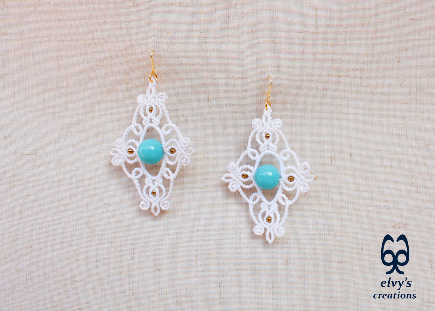 White Macrame Earrings with Turquoise Gemstones Dangle Gold Hematite Earrings