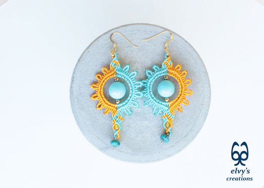 Yellow Macrame Earrings with Turquoise Gemstones Yellow Sun Dangle Agate Earrings