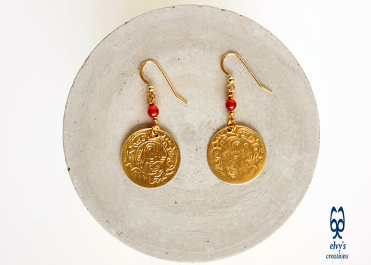 Gold Folklore Earrings Coin Dangle Drop Greek Traditional Jewelry 925 Sterling Silver Gold Plated Gypsy Jewelry Orange Carnelian Gemstone