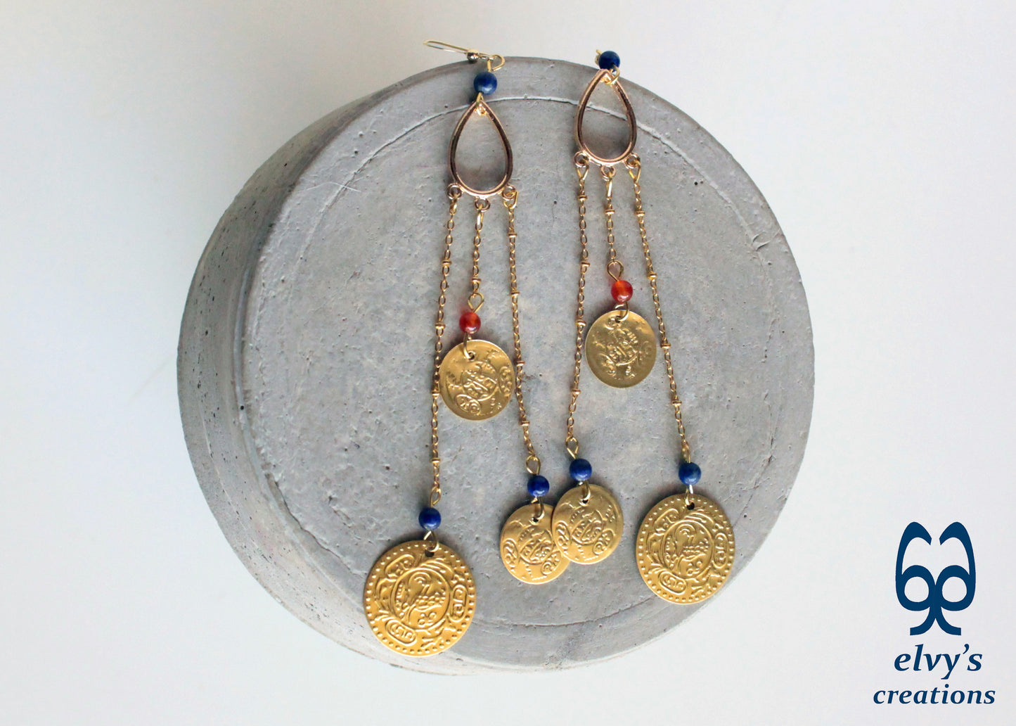 Gold Folklore Earrings, Coin Dangle Greek Traditional Jewelry, Sterling Silver Gold Plated Gypsy Jewelry, Carnelian Gemstone