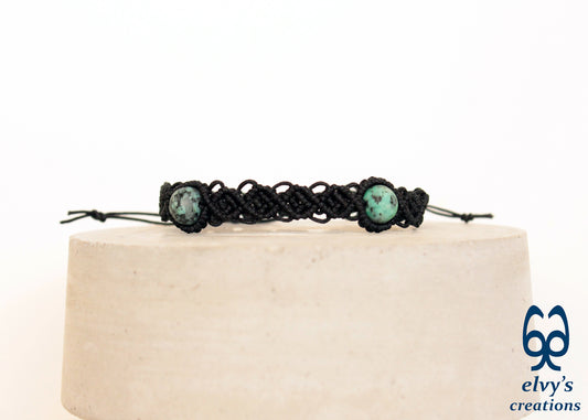Black Macrame Cuff Bracelet With Turquoise Gemstones Beaded Adjustable Bracelet for Women