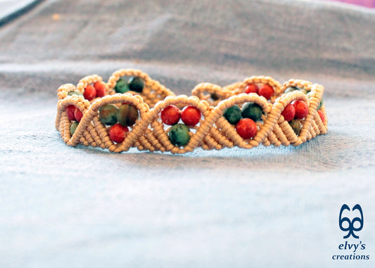 Turquoise Macrame Bracelet, Gemstone Beaded Cuff, Unique Birthday Gift for Women or Men