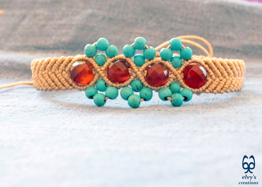 Turquoise Macrame Bracelet, Gemstone Beaded Cuff, Unique Birthday Gift for Women