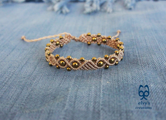 Beige Macrame Adjustable Bracelet with Gold Hematite Gemstone Beads
