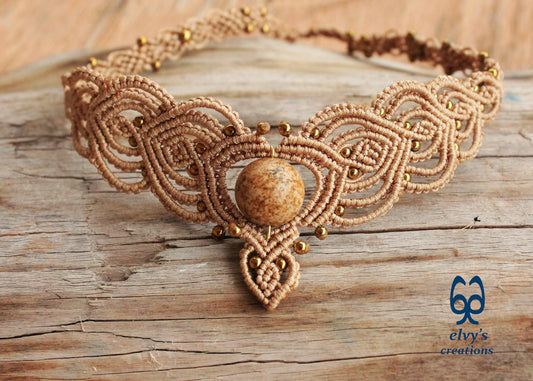 Beige Macrame Choker Necklace with Hematite and Agate Gemstones Lace Choker Necklace