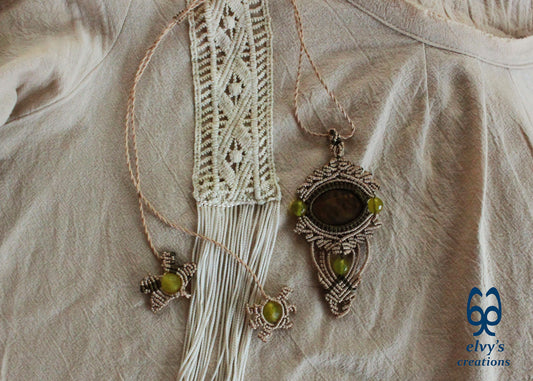 Beige Macrame Necklace with Jasper Gemstones Green Macrame Pendant Macrame Jasper Stone, Μπεζ Μακραμέ Κολιέ με Πρασινες Πετρες Κρυστάλλους Ίασπις