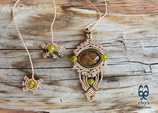 Beige Macrame Necklace with Jasper Gemstones Green Macrame Pendant Macrame Jasper Stone, Μπεζ Μακραμέ Κολιέ με Πρασινες Πετρες Κρυστάλλους Ίασπις