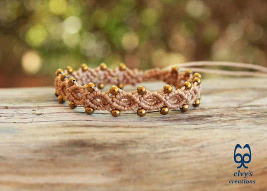Beige Macrame Adjustable Bracelet with Gold Hematite Gemstone Beads
