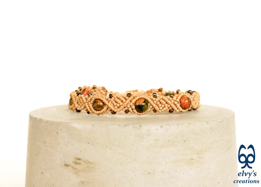 Beige Macrame Green Jasper Natural Gemstones Boho Beaded Bracelet for Women