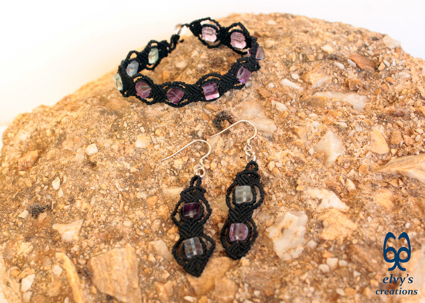 Handmade Silver Macrame Earrings,Fluorite Gemstone Beaded Earrings,Birthday Gift for Women