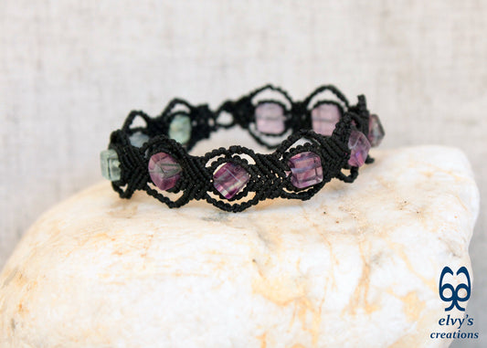 Black Macrame Bracelet with Fluorite and Crystal Quartz Gemstones Handmade Macrame Jewelry