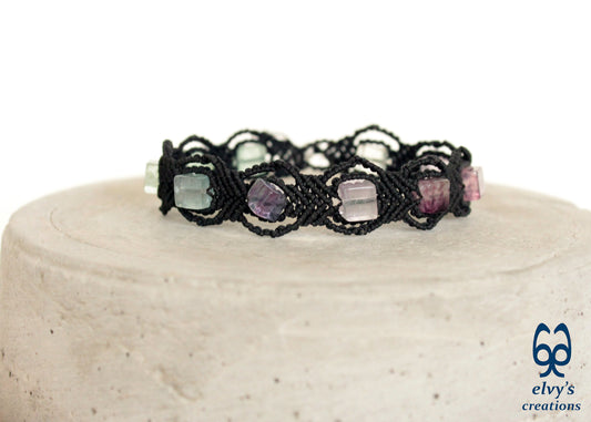 Black Macrame Bracelet with Fluorite and Crystal Quartz Gemstones Handmade Macrame Jewelry