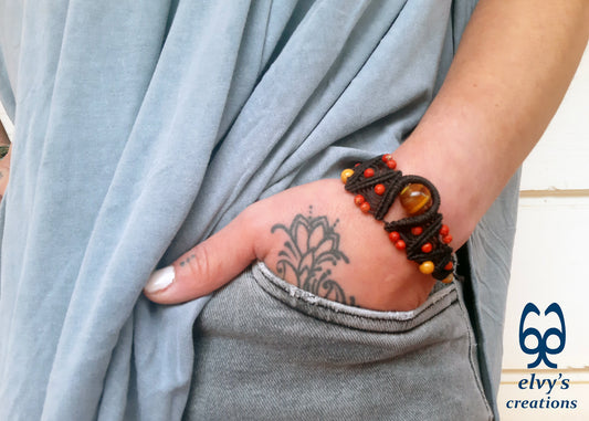 Handmade Macrame Bracelet, Crystal Gemstone Beaded Cuff, Unique Birthday Gift for Women