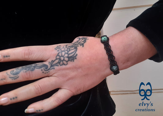 Black Macrame Cuff Bracelet With Turquoise Gemstones Beaded Adjustable Bracelet for Women