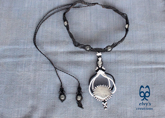 Black Macrame Choker Necklace White Quartz Crystal Macrame Necklace for Women Birthday Gift