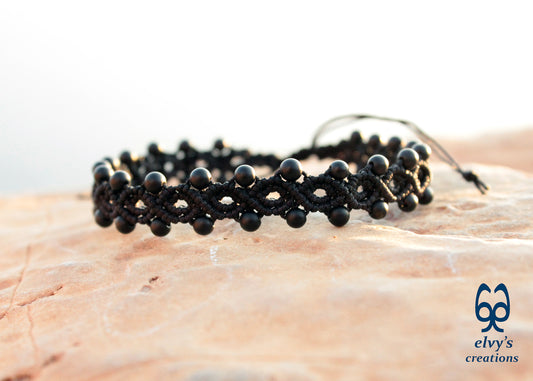 Handmade Macrame Bracelet,Black Onyx Gemstone Beaded Cuff, Unique Birthday Gift for Women or Men