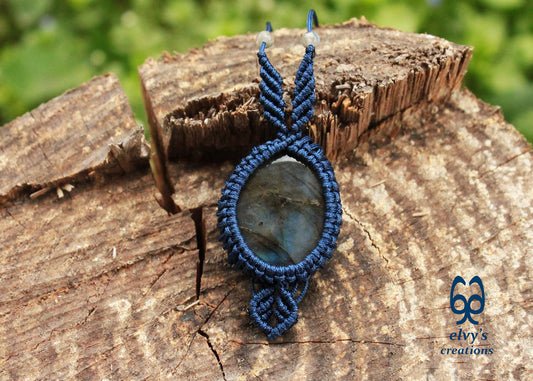 Blue Macrame Necklace Labradorite Pendant Lace Macrame Wrapped Gemstone