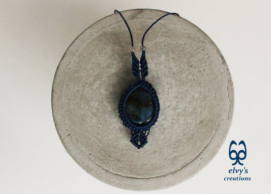 Blue Macrame Necklace Labradorite Pendant Lace Macrame Wrapped Gemstone