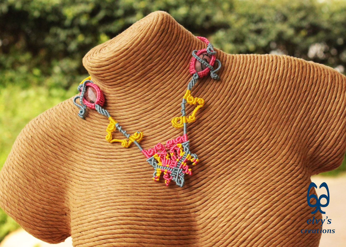 Blue Macrame Necklace with Pink Rhodonite Gemstones Yellow Adjustable Necklace