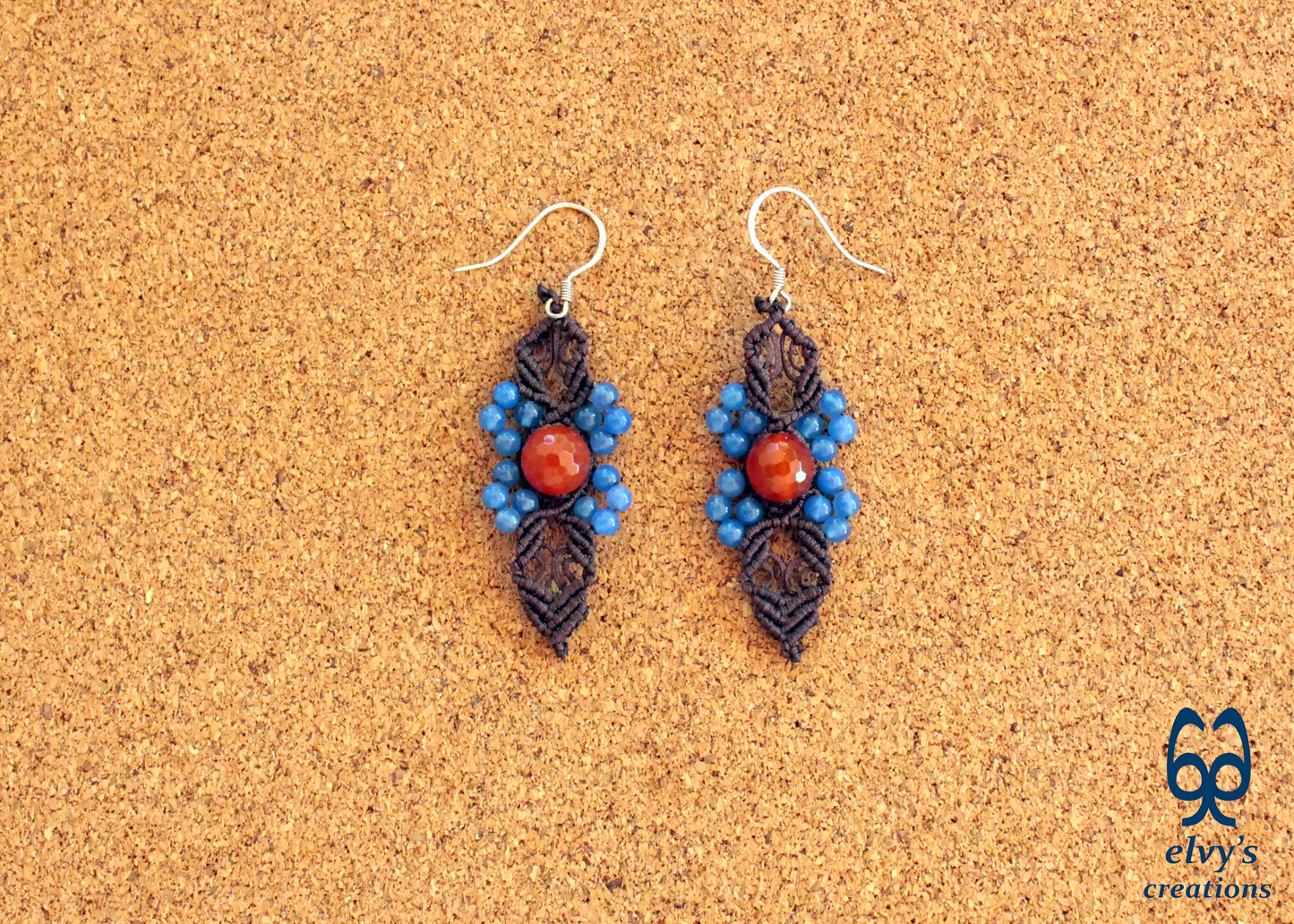 Handmade Macrame Silver Earrings, Beaded Gemstone Handmade Jewelry,Gift for Women