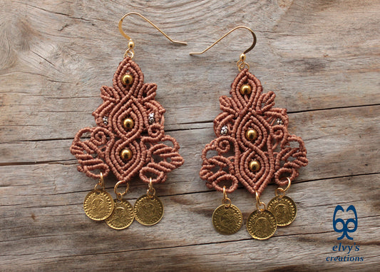 Brown Macrame Silver Earrings Dangle with Hematite Healing Gemstones Gold Coins