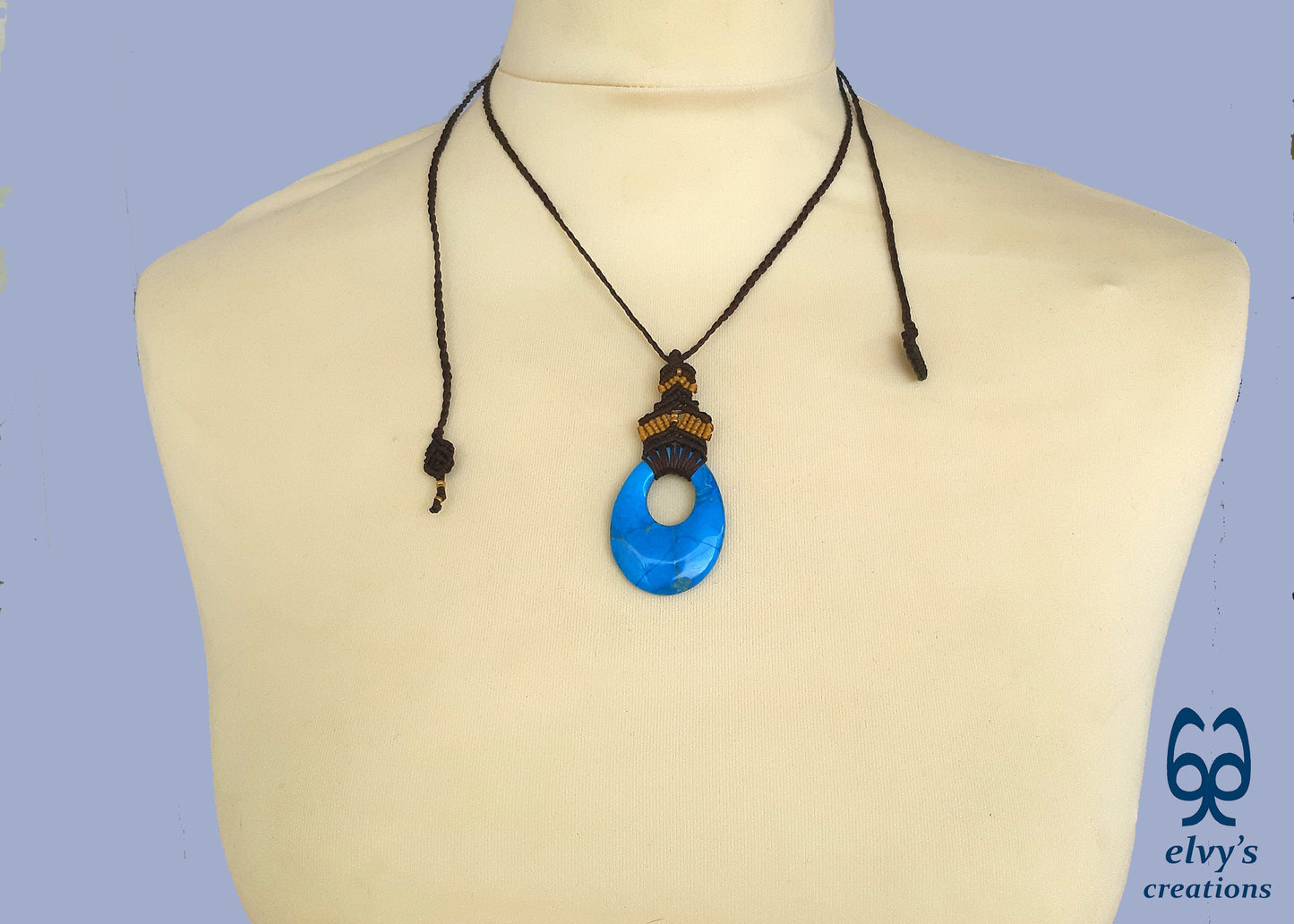 Brown and Gold Macrame Necklace with Turquoise Howlite Gemstone