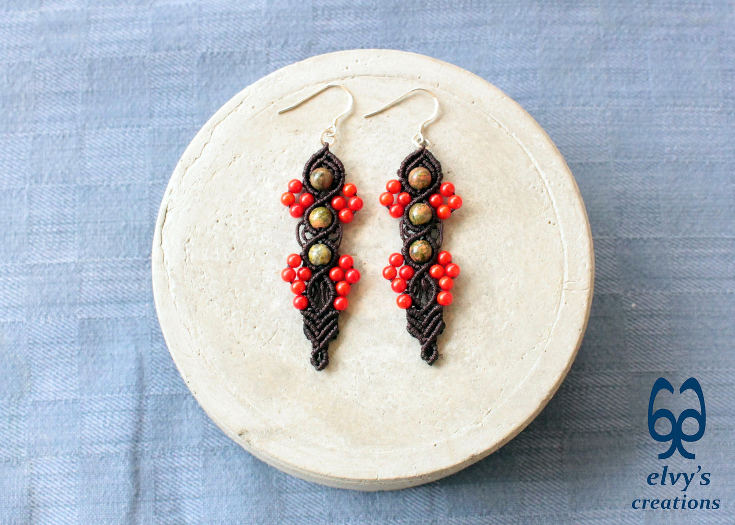 Handmade Macrame Silver Earrings, Beaded Gemstone Handmade Jewelry,Gift for Women