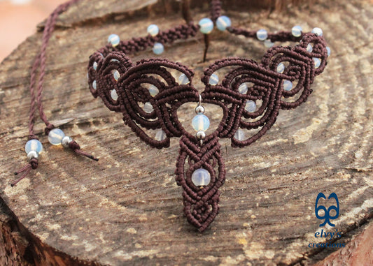 Brown Macrame Necklace Moonstone Lace Necklace Macrame Adjustable Choker Moonstone Beaded Jewelry