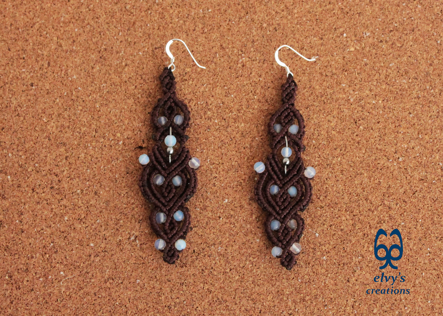 Brown Macrame Earrings with Moonstones Brown Lace Rainbow Moonstone Gemstones Boho Macrame Earrings
