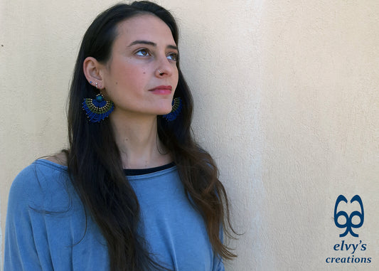 Macrame Earrings with Natural Amazonite and Hematite Peacock Colors and Small Brass Beads