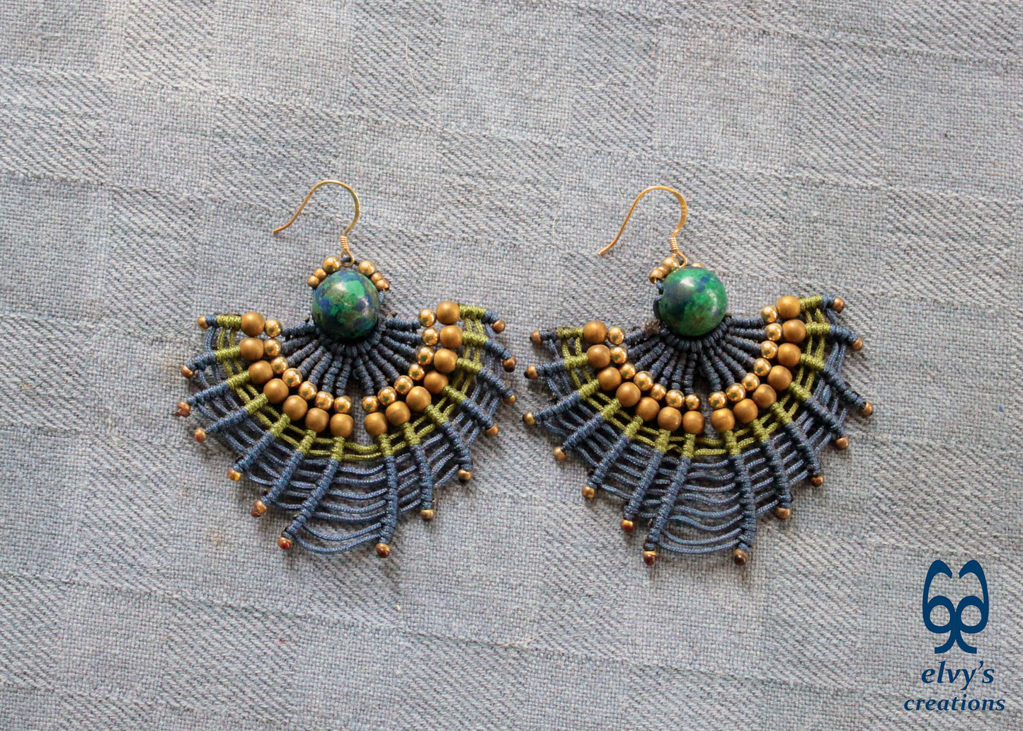 Blue Macramé Earrings with Amazonite and Hematite Gemstones