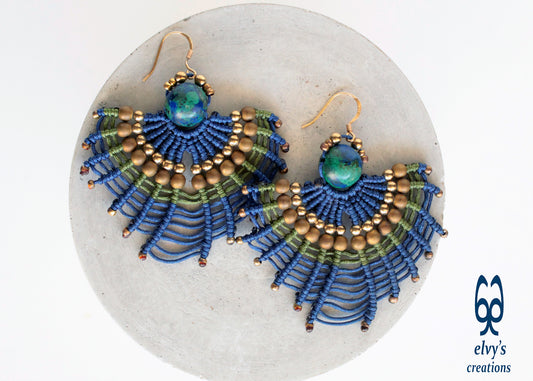 Macrame Earrings with Natural Amazonite and Hematite Peacock Colors and Small Brass Beads
