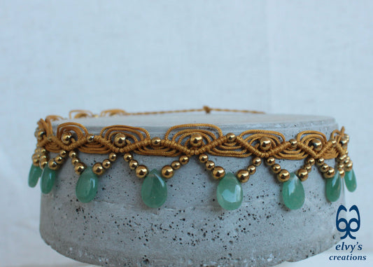 Gold Macramé Choker Necklace with Aventurine and Hematite Adjustable Macramé Choker