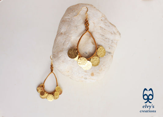 Gold Handmade Macrame Earrings Long Dangle with Amethyst Gemstones, Χρυσά Μακραμέ Σκουλαρίκια με Φλουριά