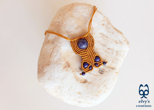 Handmade macrame unisex beaded blue Lapis lazuli adjustable gold choker necklace.