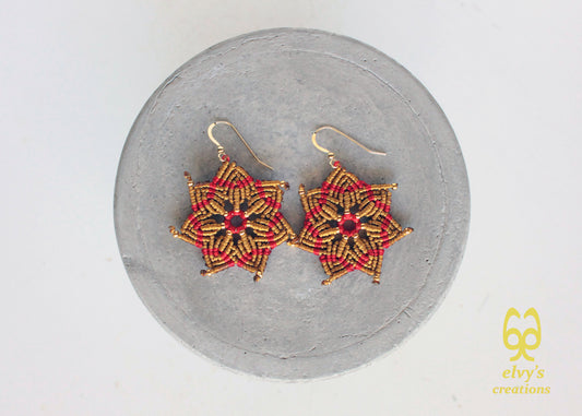 Macrame Christmas Star Earrings Holiday Season New Year Gift for her Gold Dangle Stars with Gold Brass Beads Handmade Christmas Present
