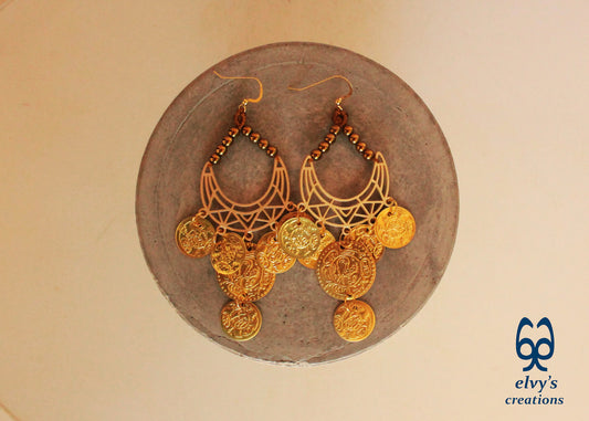 Gold Macrame Earrings with Hematite Gemstones Gypsy Earrings with Coins Boho Dangle with Coins, Μακραμέ Σκουλαρίκια με Χρυσά Φλουριά και Κρυστάλλους Αιματίτη