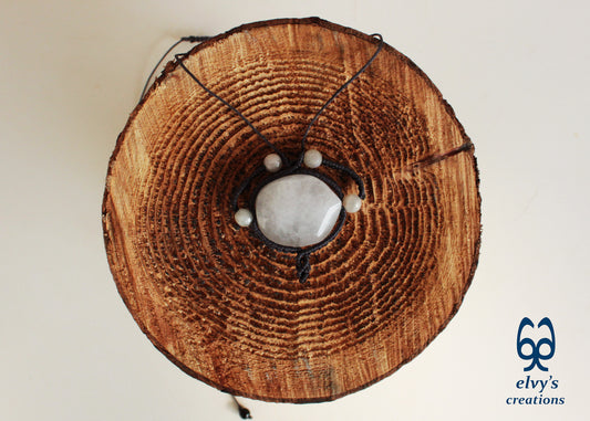 Handmade Gray Macrame Necklace with Crystal Quartz and Onyx Gemstones