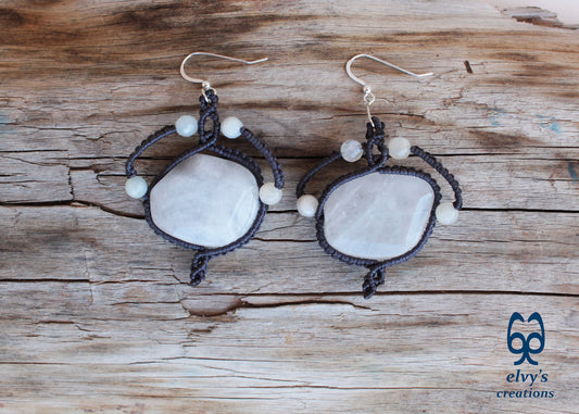 Handmade Gray Macrame Earrings with Long Dangle Crystal Quartz Gemstones