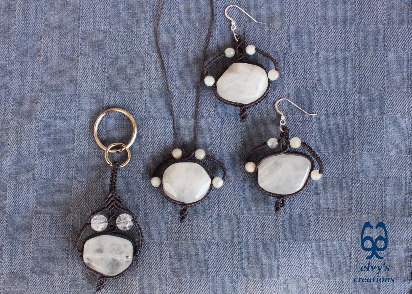 Handmade Gray Macrame Earrings with Long Dangle Crystal Quartz Gemstones