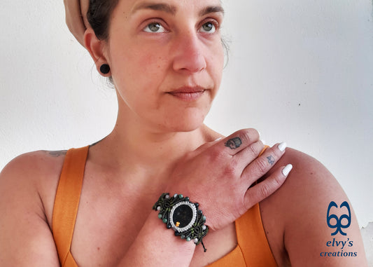 Green Macrame Bracelet with Moss Agate and Dendrite Agate Gemstone Beads Green Gemstone Adjustable Bracelet