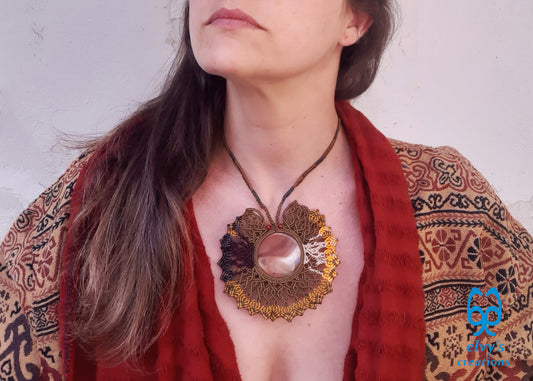 Gold Macrame Necklace with orange Carnelian Gemstones Macrame Pendant