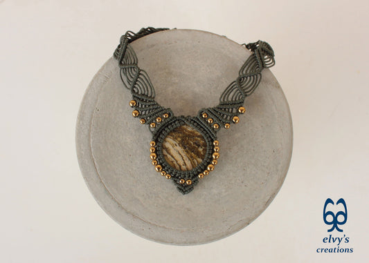 Green Macramé Necklace with Jasper and Hematite Gemstones