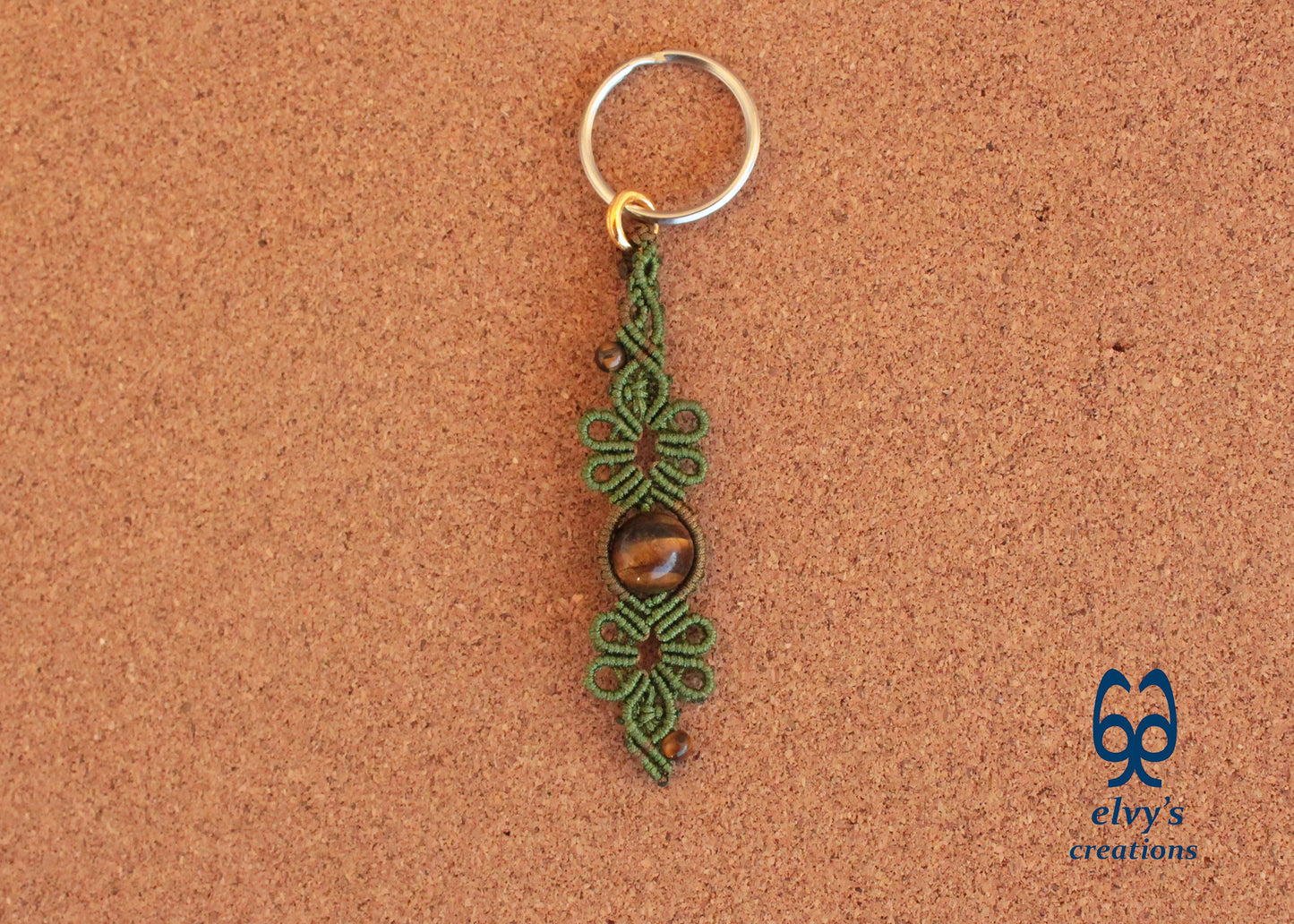 Green and Gold Macramé Key Chain with Tiger Eye Gemstone