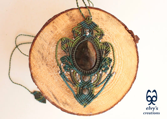Green Macrame Necklace with Labradorite and Silver Hematite Gemstones