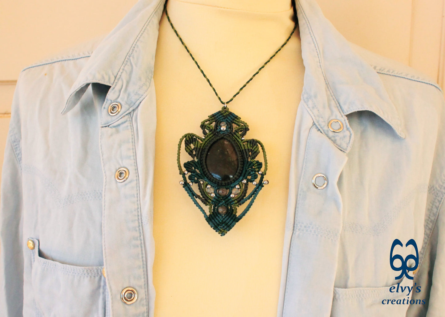 Green Macrame Necklace with Labradorite and Silver Hematite Gemstones