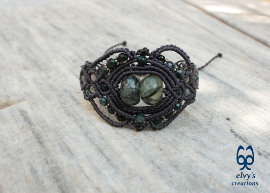Handmade Grey Macrame Bracelet with Moss Agate Gemstones Adjustable Lace Bracelet