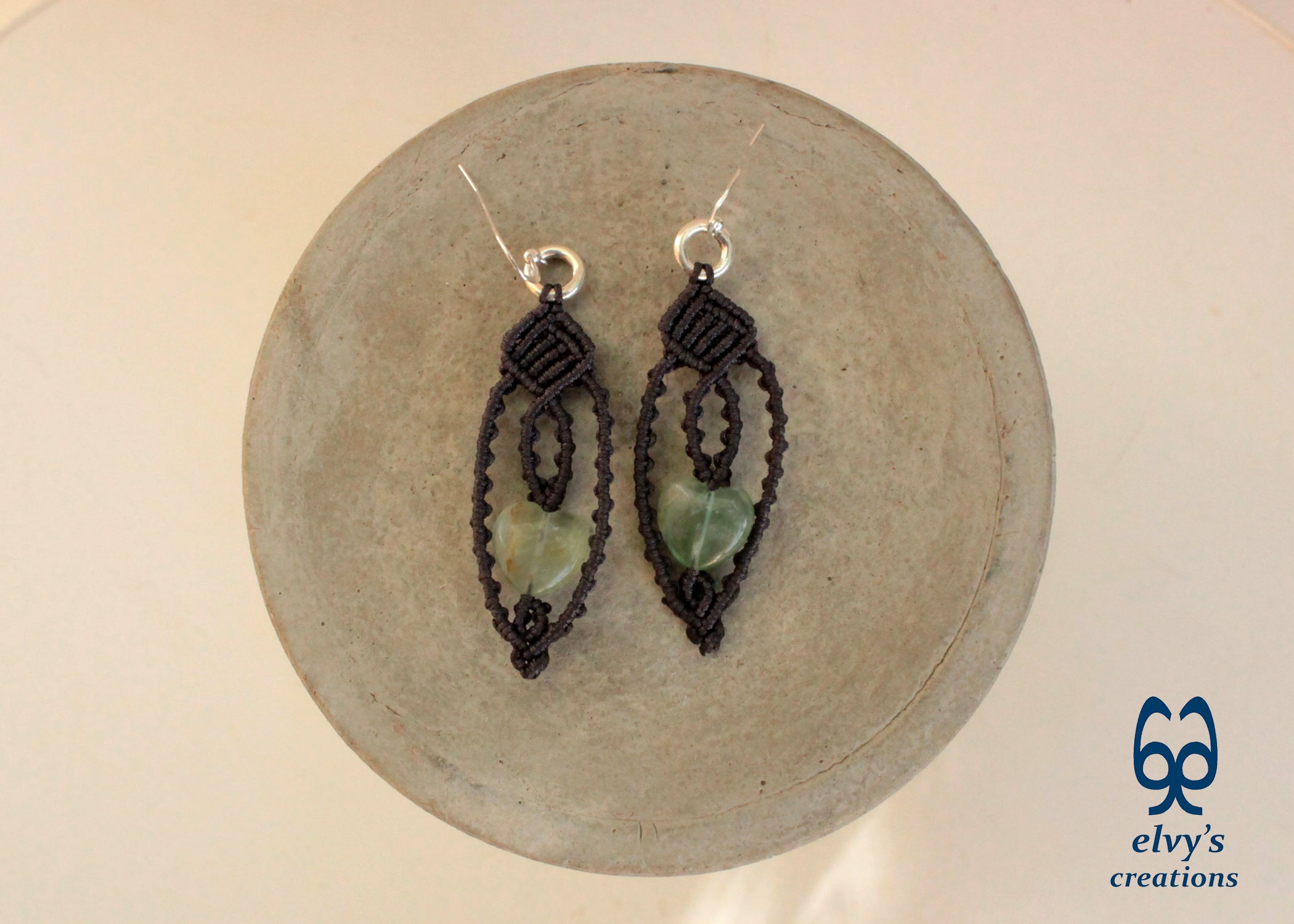 Handmade Grey Macrame Earrings with Lace Green Fluorite Heart Gemstones –  ElvysCreations